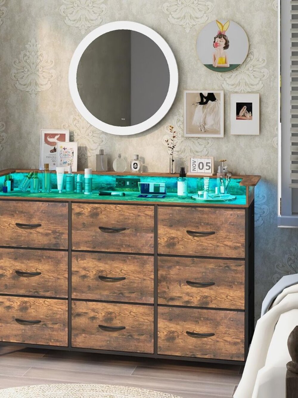 Industrial Dresser for Bedroom with Charging Station and LED Light Fabric Storag
